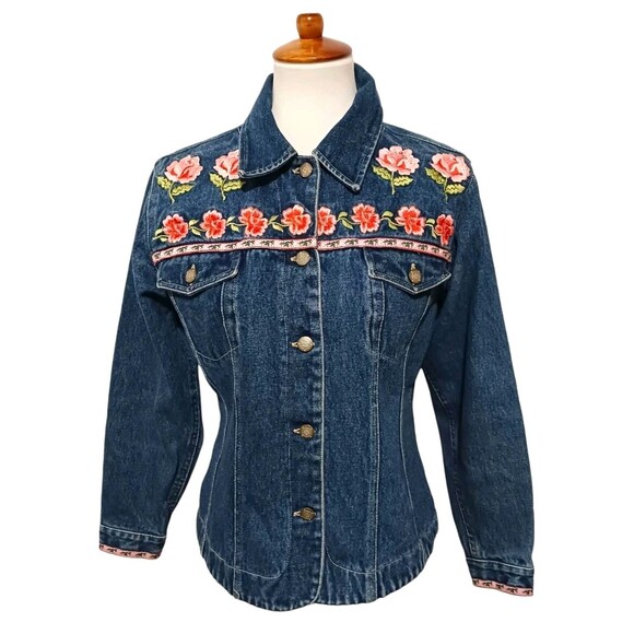 Vintage 90's Denim Jean Jacket Bill Blass Women's Small Floral Embroidered Y2K - Picture 1 of 5
